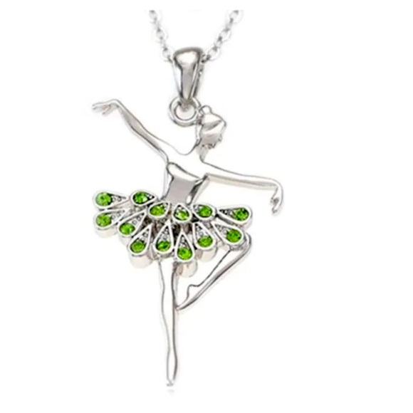 Artisan Jewelry - Ballet Dancer, Dancing Emerald Color Gemstones Necklace Silver Plated Ballerina